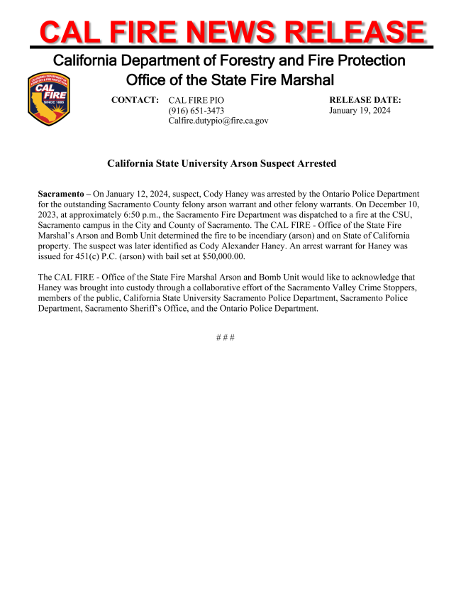 Cal Fire Announces Arrest of Wanted Arson Suspect 01.23.2024 - KPRL ...