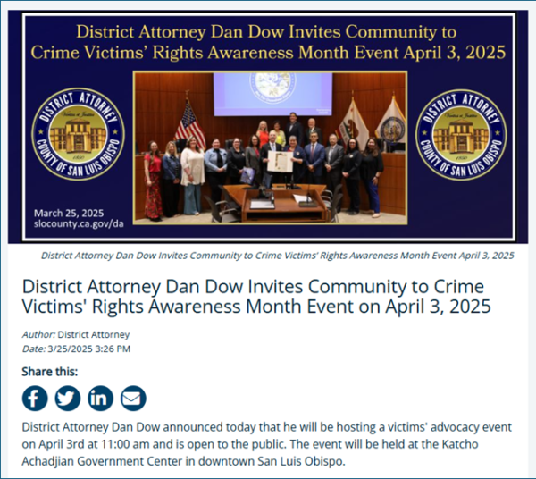 DA DOW INVITES COMMUNITY TO CRIME VICTIMS RIGHTS
