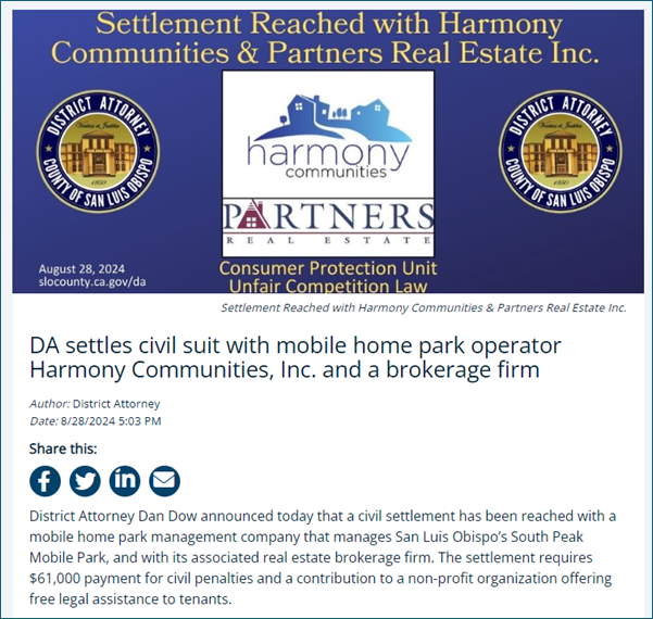 DA SETTLEMENT WITH HARMONY COMMUNITIES