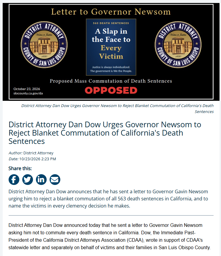 DA Dan Dow Urges Newsom to Reject Blanket Commutation of Death Sentences 10.26.2026