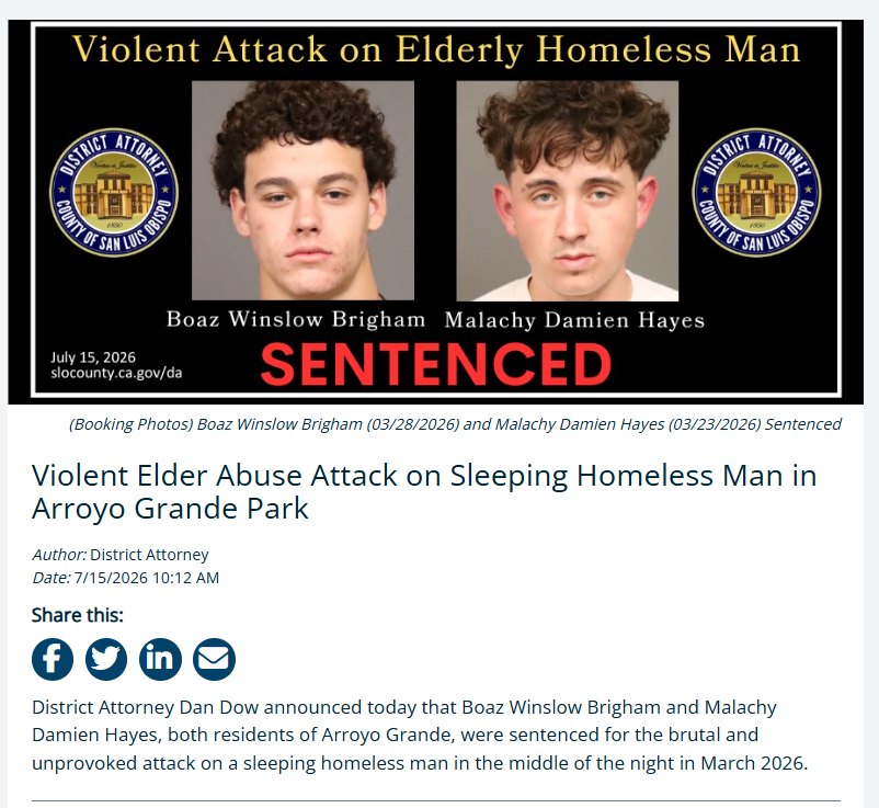 Two Sentenced For Brutal Attack on Homeless Man in March – 07.16.2026