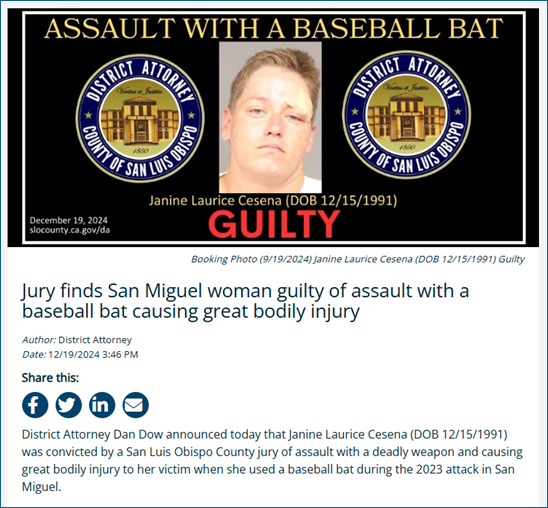 JANINE LAURICE CESENA GUILTY OF ASSAULT