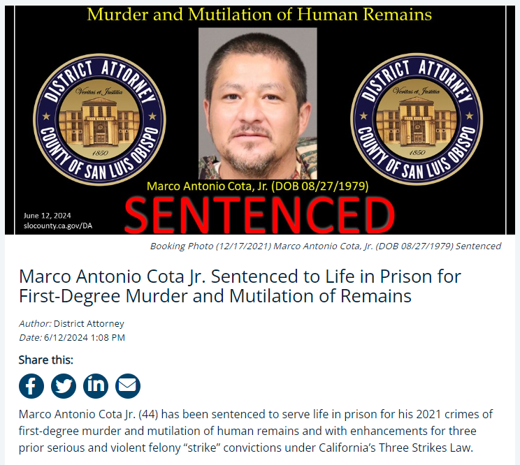 SLO Man Sentenced to Life in Prison For 1st Degree Murder & Mutilation ...